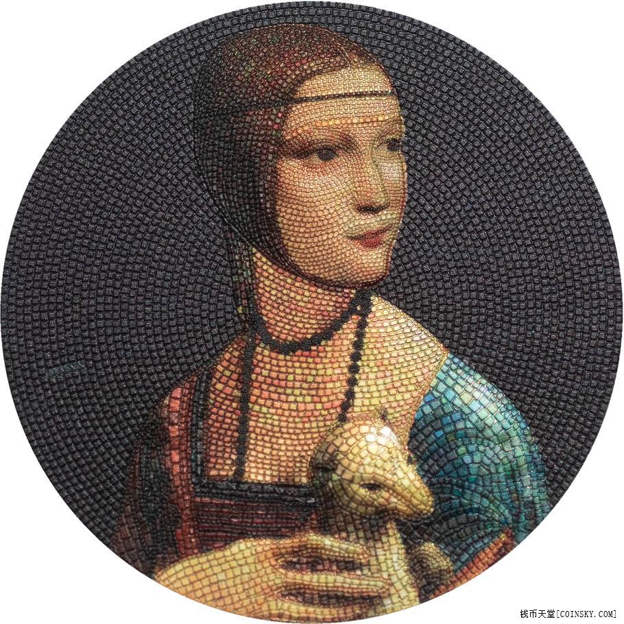 帕劳2020年马赛克艺术达芬奇抱银鼠的女子精制银币