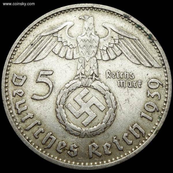 钱币天堂·交易区详情·包邮p43 德国纳粹1939年5马克万字