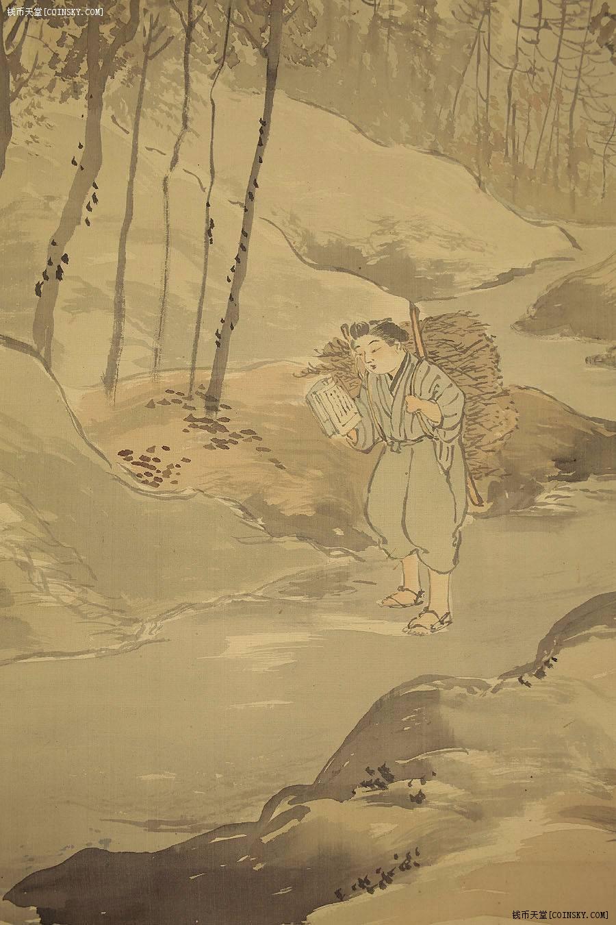 交易区详情·明治天皇御笔题跋日本山水人物画《放学图》铃木松年