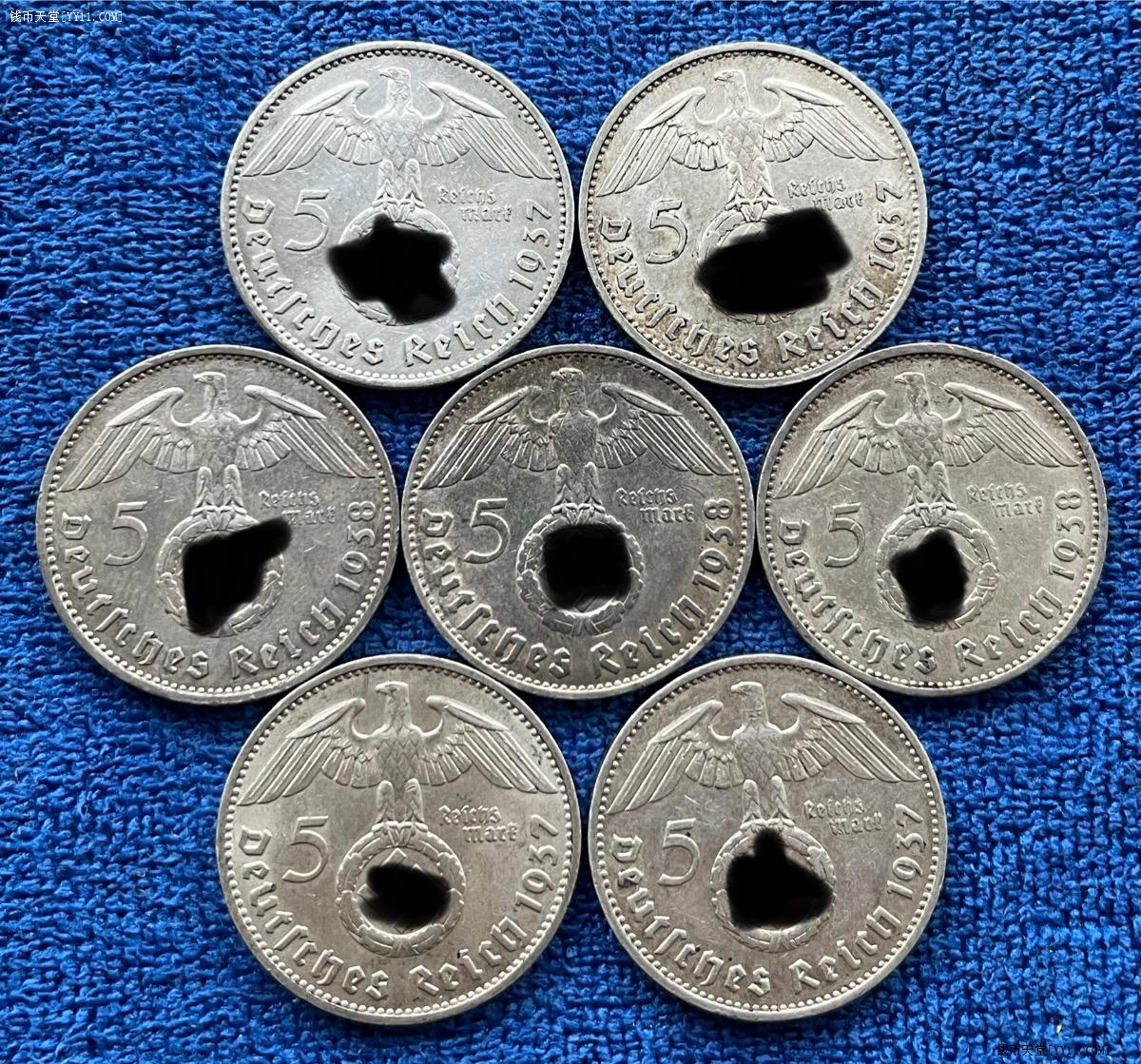钱币天堂·交易区详情·德国兴登堡万字5马克银币7枚37年ADFG，38年ADE