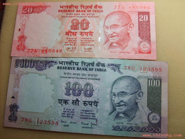 印度高值500卢比100卢比20卢比3枚纸币
