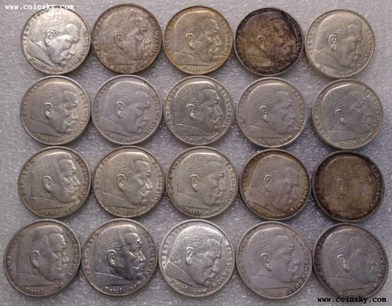 [已售 美品 德国第三帝国1935/36年兴登堡头像5马克20枚