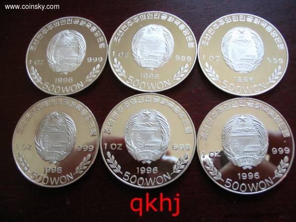 朝鲜1996年鱼500元彩色精制银币6枚1816号原盒