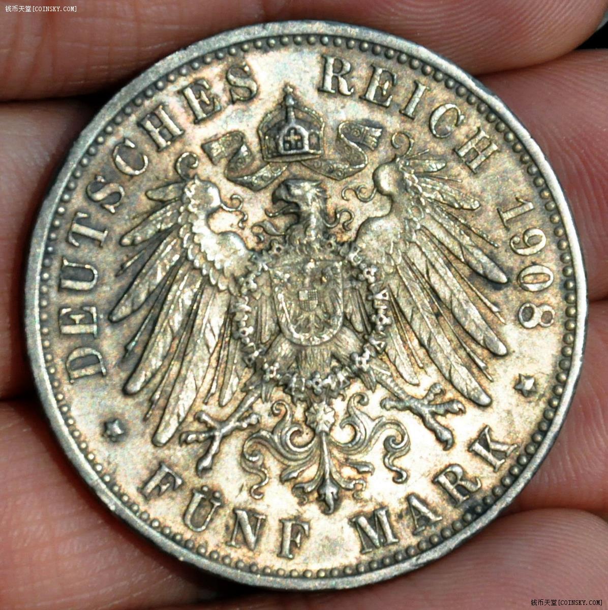 德国符腾堡1908年5马克大银币 好品五彩