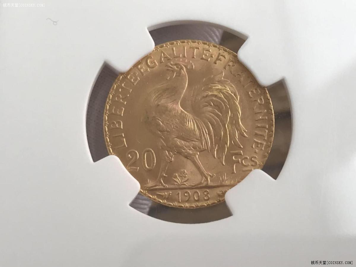 金币1908年 法国玛丽安娜高卢鸡 20法郎 6.45克 ngcms64