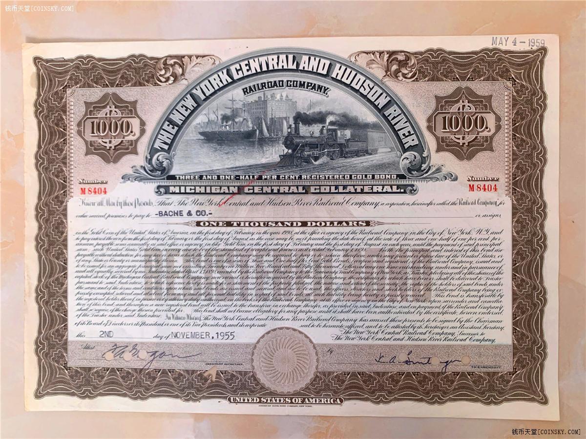 钱币天堂·交易区详情·1955年美国铁路公司债券1000美元 美钞公司