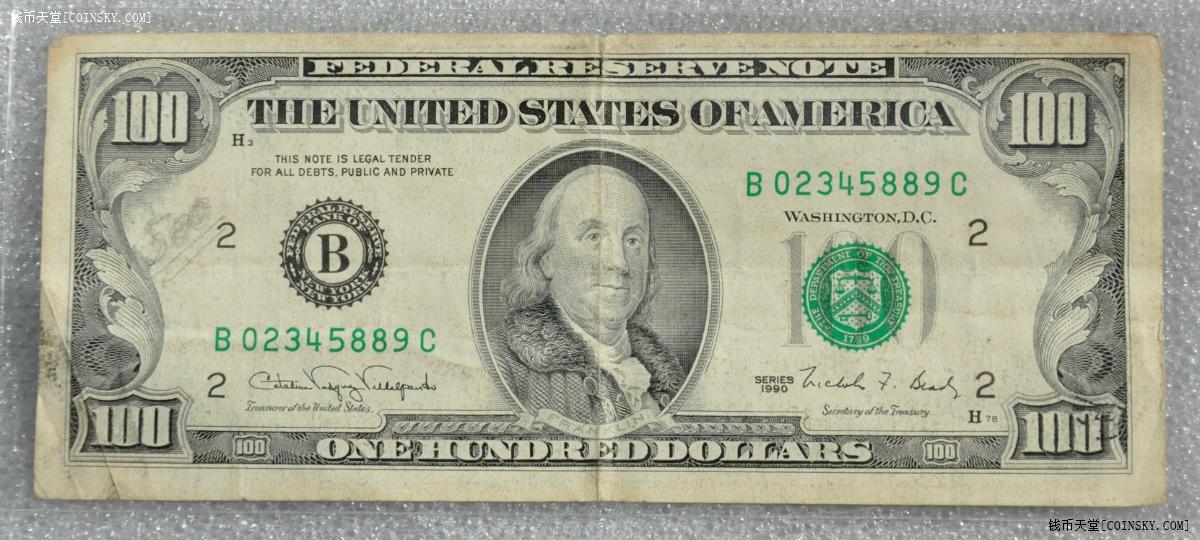 美国1990年小头100美元纸币1