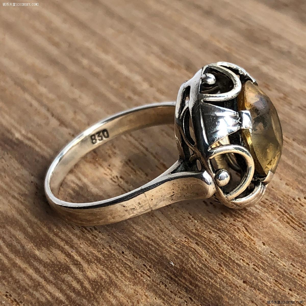 欧洲老银戒指波希米亚皇冠风格黄碧玺镶嵌33克830银