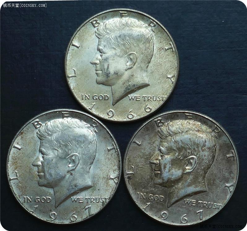 全新带光19667年美国肯尼迪半美元银币3枚