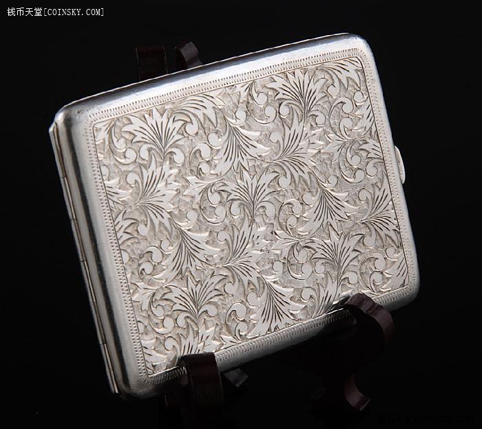 日本手工錾刻唐草纹950银烟盒 全品 西洋古董银器收藏