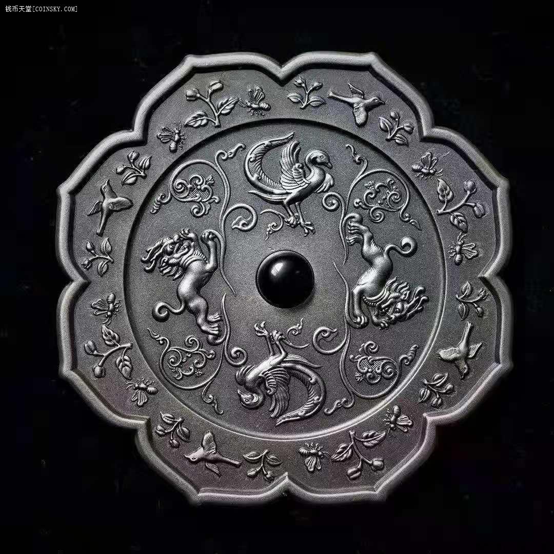 纽埃2021年中国铜镜唐风四象花瓣四神纹镜仿古镶宝石银币