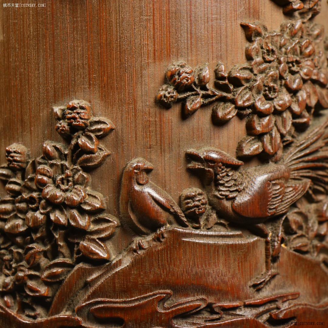 钱币天堂·交易区详情·一线新收 竹雕 竹鸟图 笔筒 工艺精湛