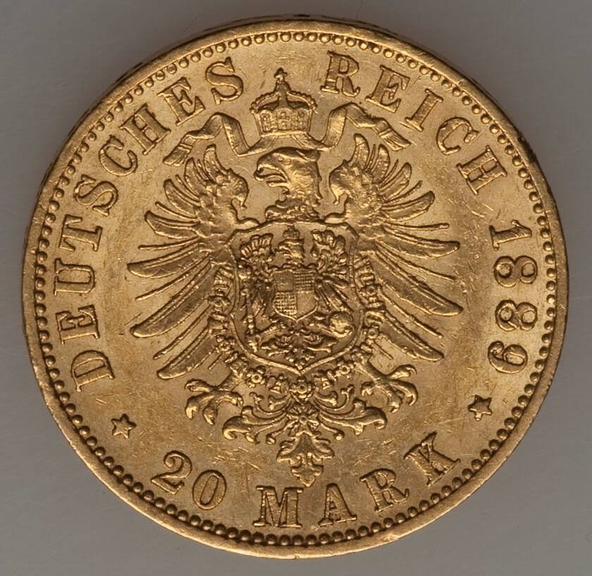 已售au德国普鲁士1889年威廉二世短翅20马克金币