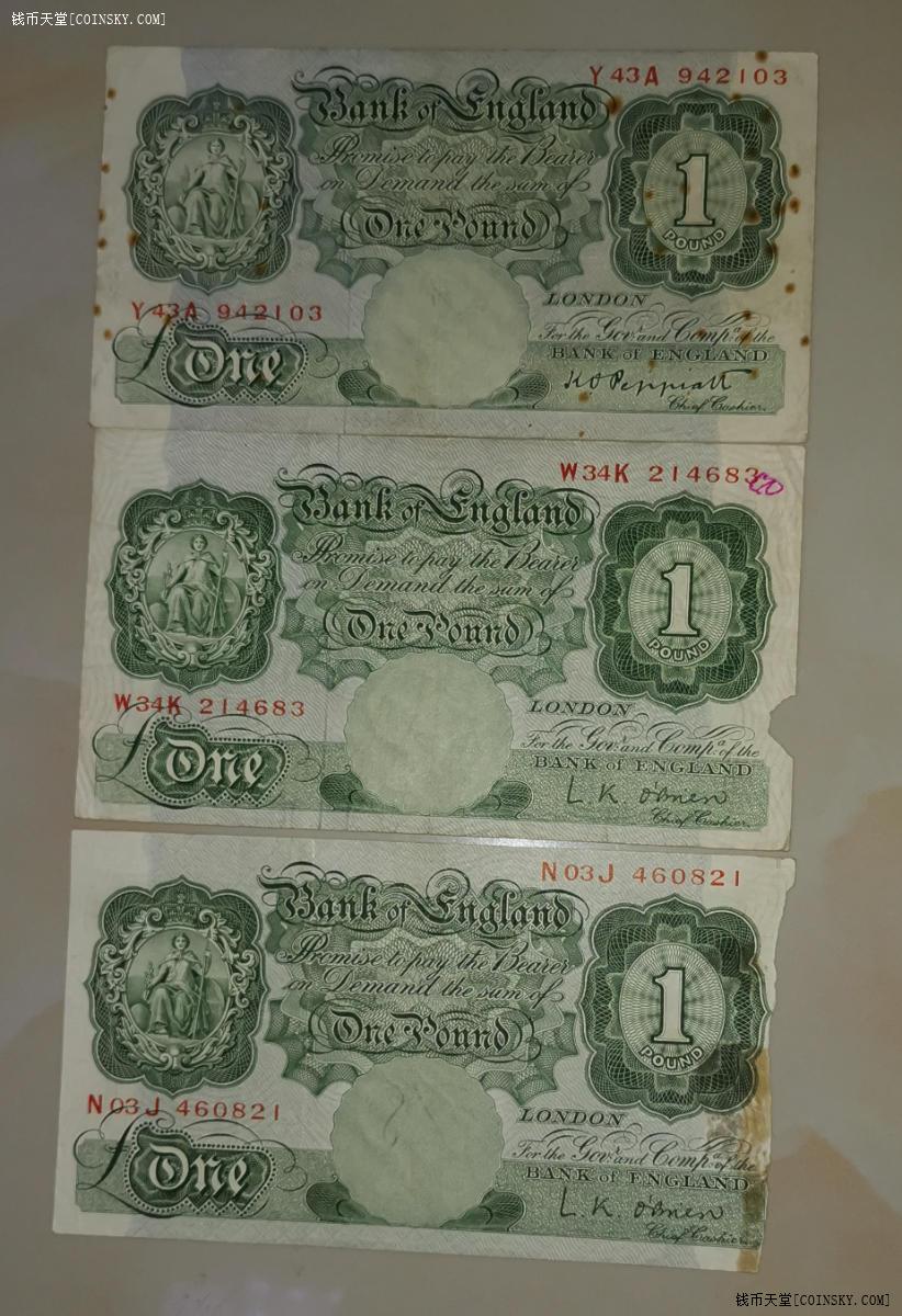 钱币天堂·交易区详情·英国40年代1镑纸币3张流通品