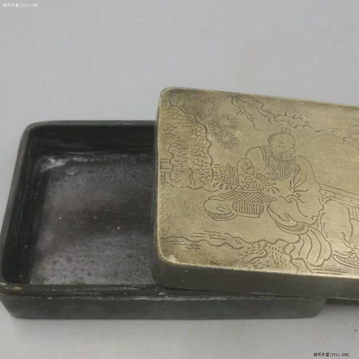 艺拍天堂·交易区详情·老铜墨盒一个，松下老人题材，手工錾刻，盒盖有铭文，