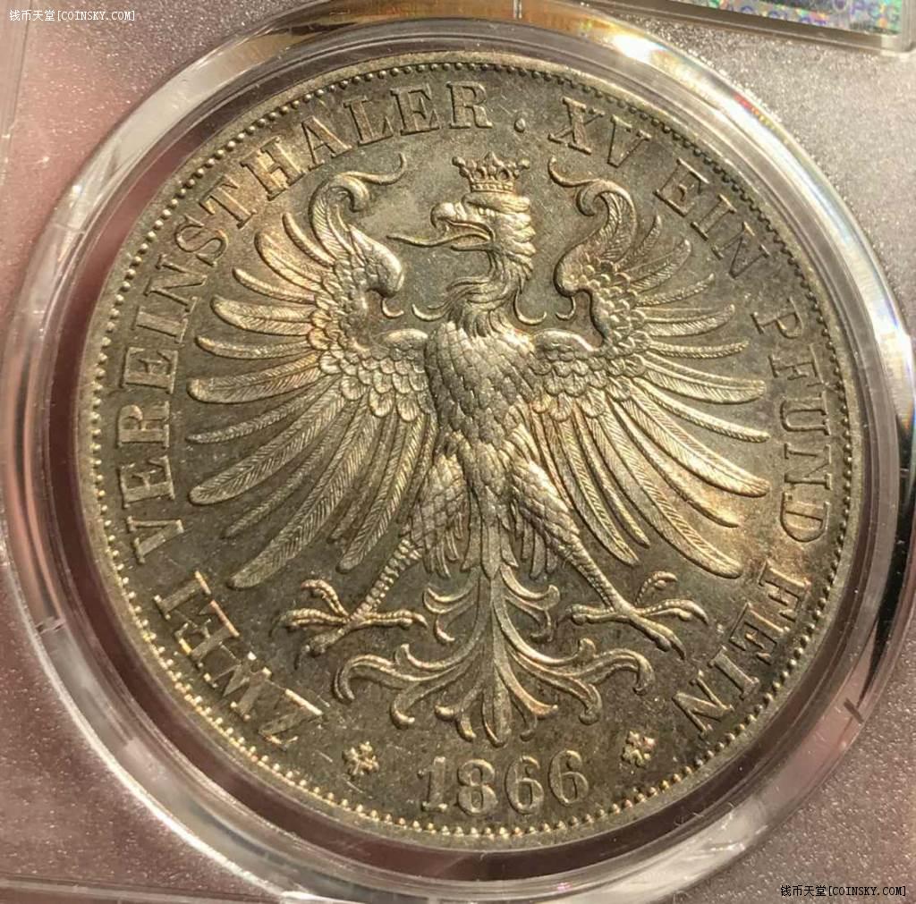 德币拍卖!pcgs-ms63金盾法兰克福1866年2泰勒
